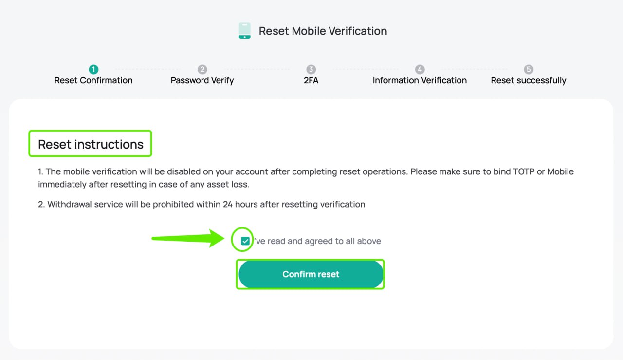 صفحه Reset Instructions با چک‌باکس موافقت